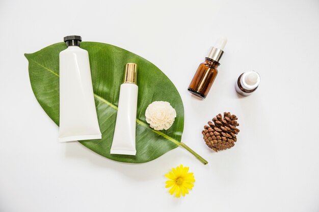 Badekurort-Kosmetikprodukt auf Blatt mit ätherischem Öl; Tannenzapfen; und Blumen auf weißem Hintergrund