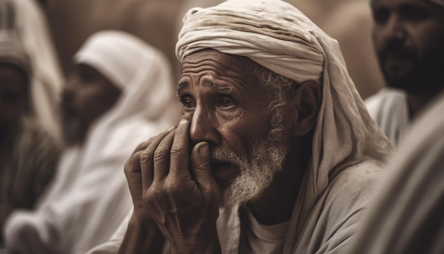Kostenloses Foto bärtiger älterer mann, der im freien zu gott betet, generiert von ki
