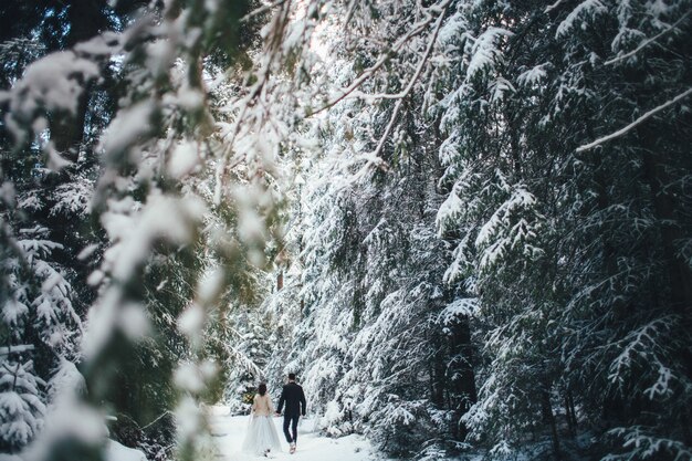 Bärtiger Mann und seine reizende Braut werfen auf dem Schnee in einem magischen Winterwald auf