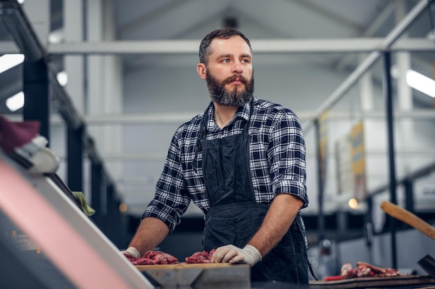 Kostenloses Foto bärtiger metzger in einem fleecehemd, der auf einem markt frisch geschnittenes fleisch serviert.