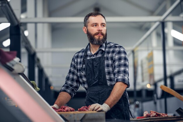 Bärtiger Metzger in einem Fleecehemd, der auf einem Markt frisch geschnittenes Fleisch serviert.