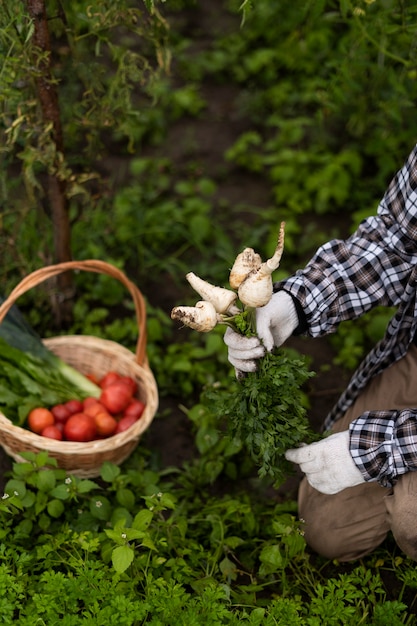 Bäuerin im Garten, hoher Winkel