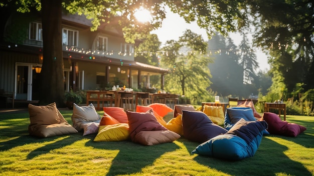 Kostenloses Foto bagger-bohnenbeutel ruhen auf dem schattigen gras und bieten eine entspannte sitzmöglichkeit in einer modernen outdoor-party-umgebung