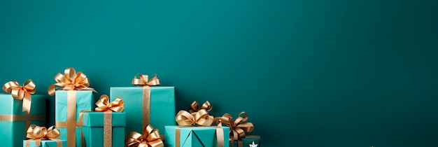 Banner mit vielen Geschenkboxen, gebundenen Samtbändern und Papierdekorationen auf türkisfarbenem Hintergrund. Weihnachtshintergrund