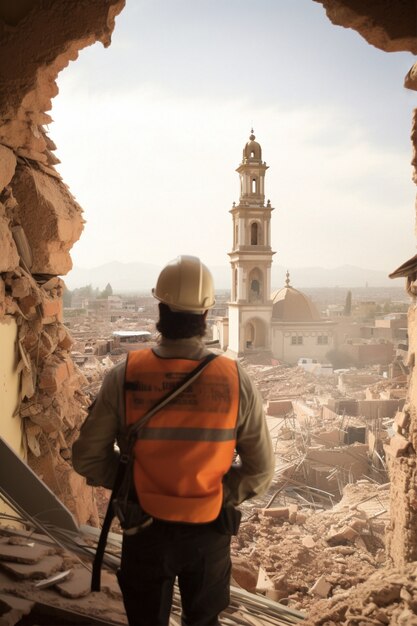 Bauarbeiter in der Nähe einer Moschee nach Erdbeben