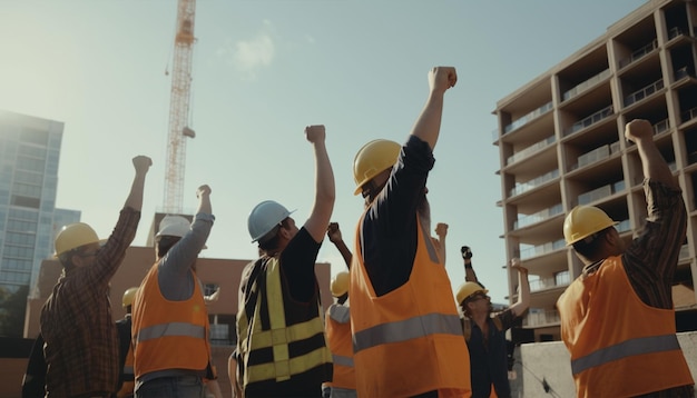 Bauarbeiter in gelben Westen und Westen heben die Hände in die Luft