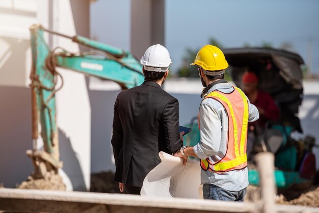 Bauarbeiter und Ingenieur, die auf der Baustelle zusammenarbeiten