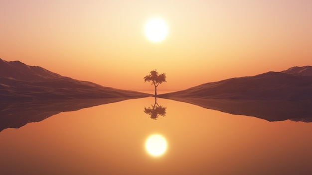 Baum 3D gegen Sonnenunterganghimmel