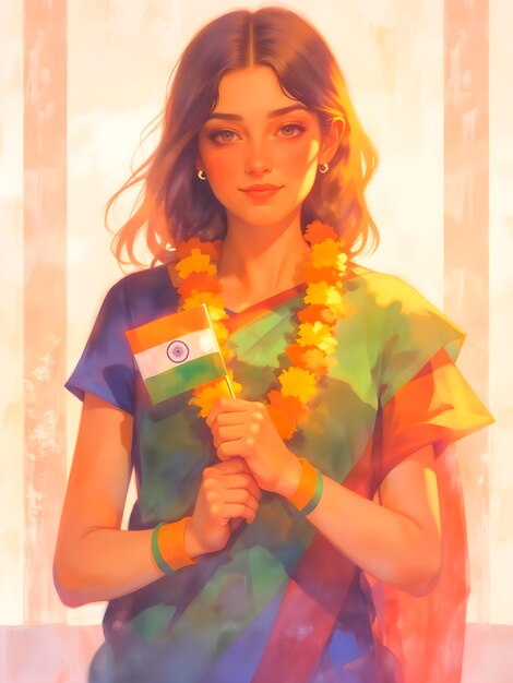 Beautiful indian woman holding the indian flag