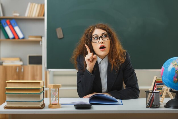 beeindruckt zeigt auf junge lehrerin mit brille, die mit schulwerkzeugen im klassenzimmer am schreibtisch sitzt