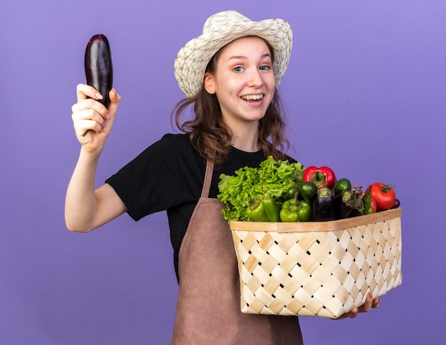 Beeindruckte junge gärtnerin mit gartenhut mit gemüsekorb, der auberginen aufzieht