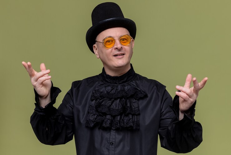 Kostenlose Foto beeindruckter erwachsener mann mit zylinder und sonnenbrille in schwarzem gothic-hemd, der die hände offen hält und schaut