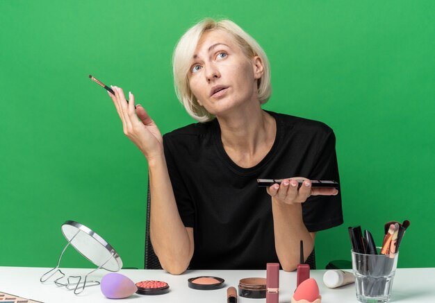 Beeindrucktes junges schönes Mädchen sitzt am Tisch mit Make-up-Tools, die Lidschatten-Palette mit Make-up-Pinsel auf grüner Wand halten