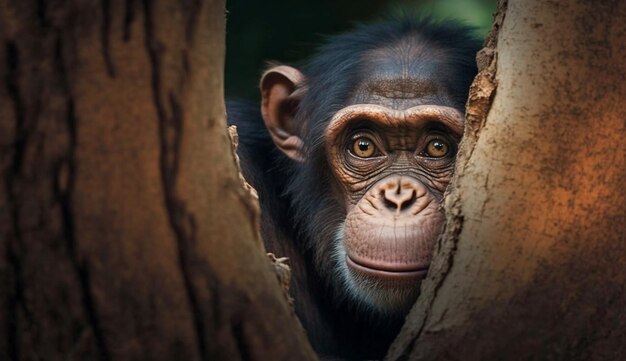 Behaarter Primat, der in einem von KI generierten Wald in die Kamera starrt