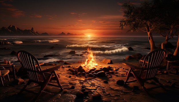 Kostenloses Foto bei sonnenuntergang über der küste brennt ein lagerfeuer auf dem sand, das durch künstliche intelligenz erzeugt wurde