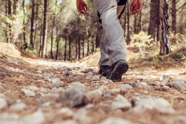 Beinansicht des Wanderers im Wald