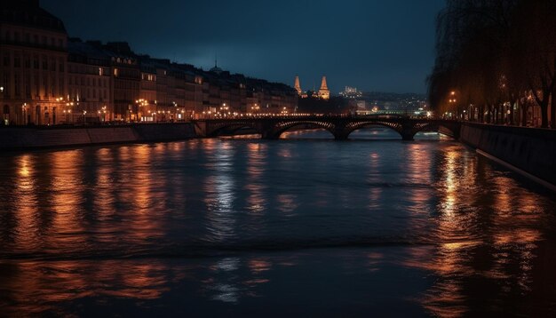 Beleuchtete Architektur spiegelt Wasser in der Abenddämmerung wider, die von KI generiert wird