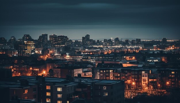 Beleuchtete Wolkenkratzer erhellen die von KI generierte Skyline der Stadt