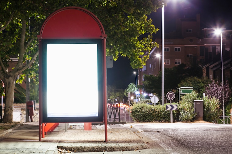 Kostenlose Foto belichtete unbelegte anschlagtafel für reklameanzeige an der bushaltestelle