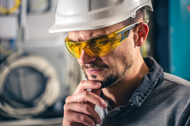 Bemannen Sie einen Elektrotechniker, der in einer Schalttafel mit Sicherungen arbeitet