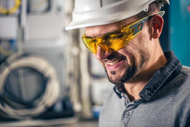 Bemannen Sie einen Elektrotechniker, der in einer Schalttafel mit Sicherungen arbeitet