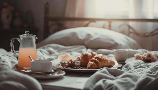 Bequemes Bettwäsche-Croissant und Kaffee zur Entspannung, generiert durch KI