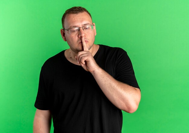 Übergewichtiger Mann in der Brille, die schwarzes T-Shirt trägt, das Stille Geste mit Finger auf Lippen macht, die über grüner Wand stehen