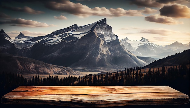 Kostenloses Foto berglandschaft mit holzbretttisch im freien generative ki