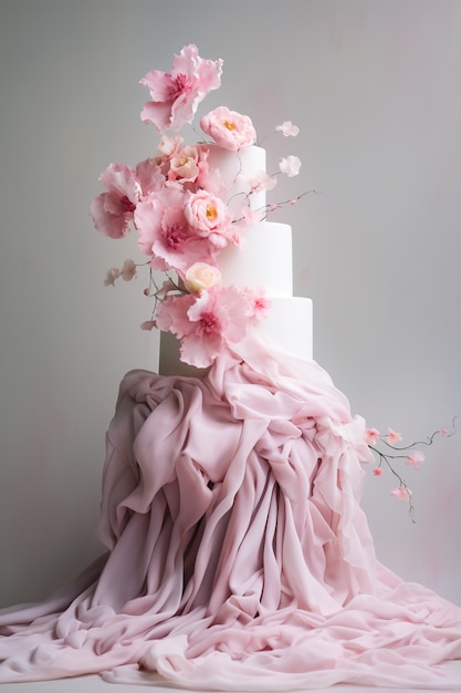 Überlasteter Kuchen mit Stoff und Blumen