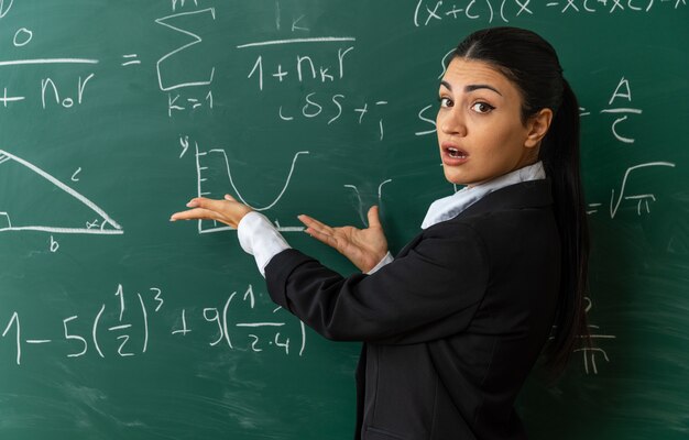 Überraschte junge Lehrerin, die vor der Tafel steht, zeigt mit den Händen an der Tafel im Klassenzimmer