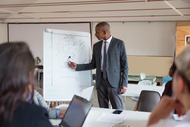 Überzeugter Sprecher, der auf whiteboard spricht und zeigt