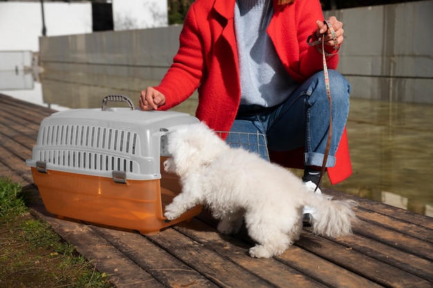 Kostenloses Foto besitzer der vorderansicht mit transportbox für haustiere