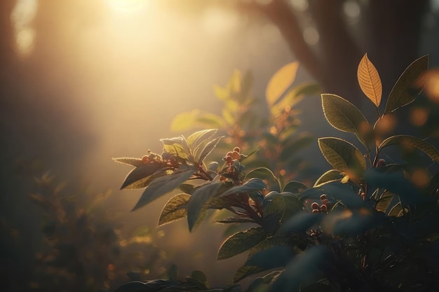 Bewaldete Morgenwaldbäume mit Hintergrundbeleuchtung durch goldenes Sonnenlicht mit Sonnenstrahlen, die durch neblige Bäume strömen Sonnenaufgang oder Sonnenuntergang Frühlingswaldlandschaft Umgebung