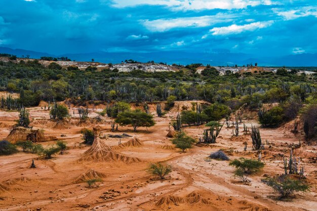 Bewölkter blauer Himmel über einem Tal in der Tatacoa-Wüste, Kolumbien