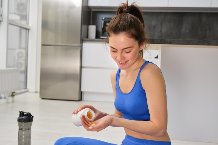 Kostenlose Foto bild einer jungen frau, sportliches fitnessmädchen, das vitamine und nahrungsergänzungsmittel zur stärkung der muskeln einnimmt