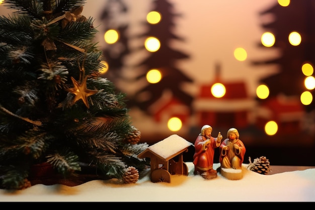 Bild einer Weihnachtsbaumdekoration und einer Krippe mit unscharfen Lichtern