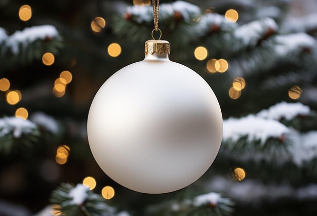 Bild einer weißen Weihnachtskugel, die an einem Baum mit verblassten Lichtern hängt