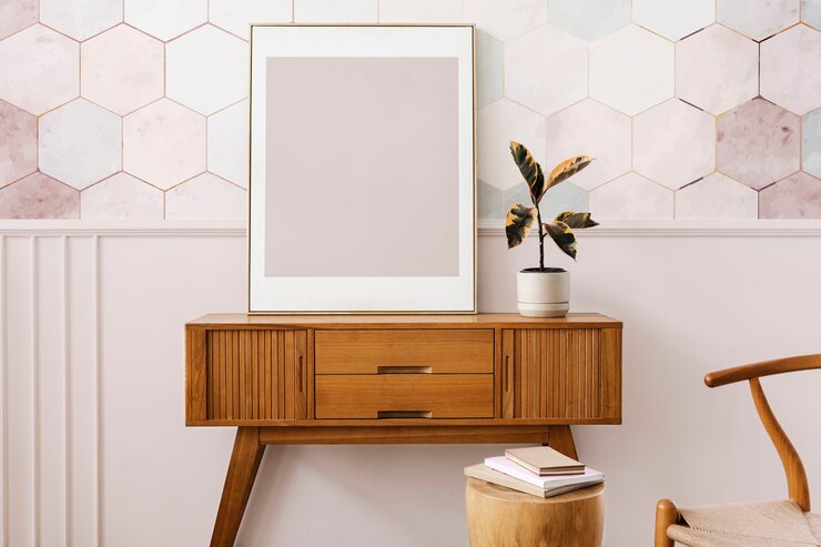 Kostenlose Foto bilderrahmen auf einem hölzernen sideboard-tisch