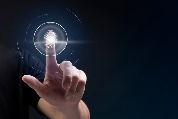Biometrischer Technologiehintergrund mit Fingerabdruck-Scansystem auf dem digitalen Remix des virtuellen Bildschirms