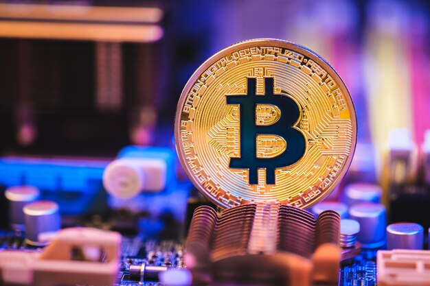 Bitcoin-kryptowährung auf der leiterplatte .virtuelles geld.blockchain-technologie.mining-konzept