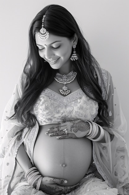 Kostenloses Foto black and white portrait of pregnant woman expecting a child