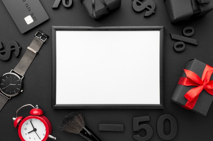 Kostenlose Foto black friday sales elementsortiment mit leerem rahmen