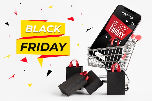Black Friday Verkaufsarrangement mit Warenkorb und Smartphone