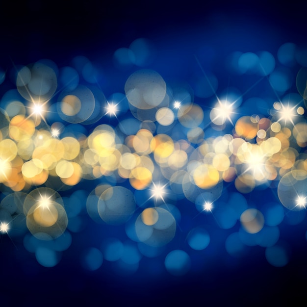 Blau und Goldweihnachtshintergrund mit bokeh Lichtern und Sternen