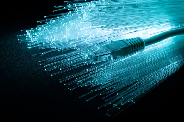Blaue Glasfaser mit Ethernet-Kabel