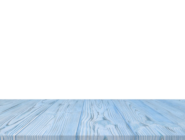 Blaue hölzerne strukturierte Tischplatte lokalisiert auf weißem Hintergrund