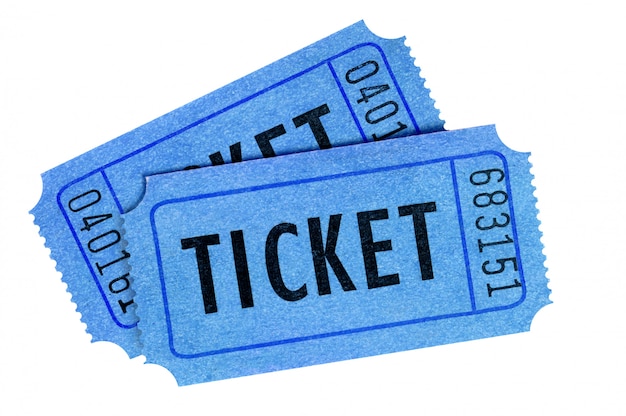 Blaue Vorderansicht von zwei Eintrittskarten lokalisiert auf Weiß