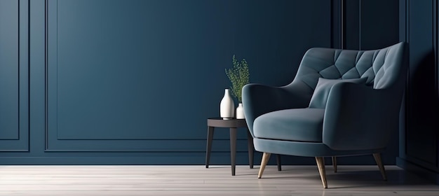 Blauer Sessel gegen blaue Wand im Wohnzimmerinnenraum Elegantes Innendesign mit Kopierraum Ai generativ