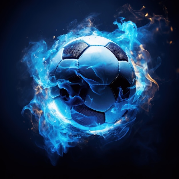 Kostenloses Foto blaues inferno wickelt sich um einen fußball in einem rauchigen hintergrund