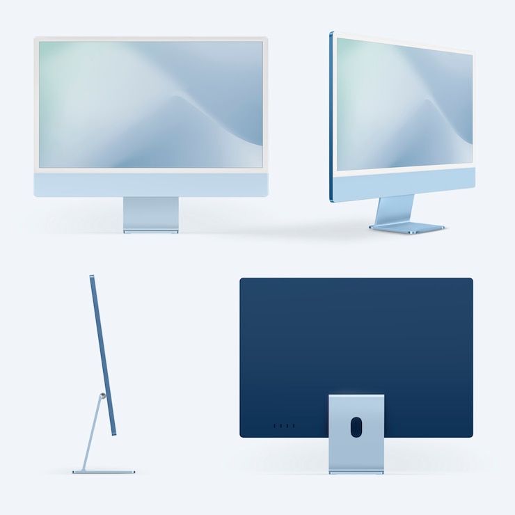 Kostenlose Foto blaues, minimales computer-desktop-digitalgerät mit design-space-set